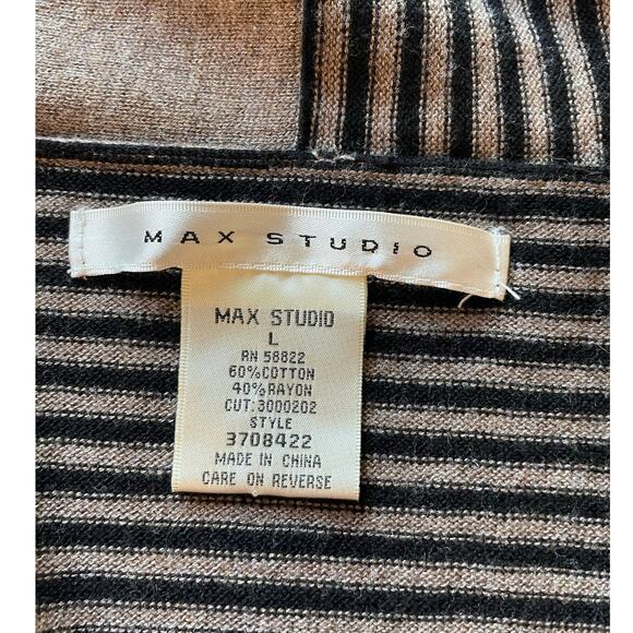 Max Studio Faux Wrap Pullover Sweater Sz L Striped Colorblock Tan Black Chic - Picture 2 of 9